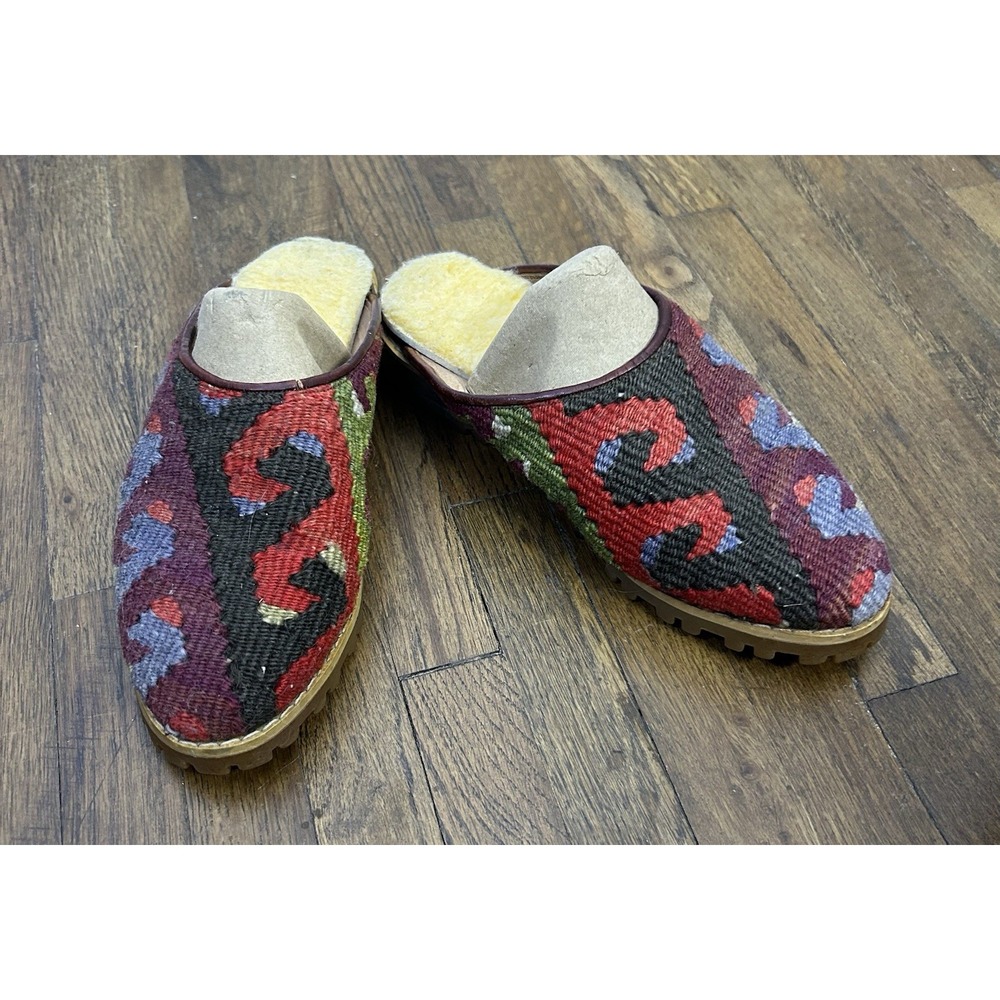 Turkish rug mules feature a red and purple kilim textile upper Women's Size 5.5